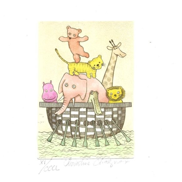 Christine Chagnoux Signed Ark 5 Animals Etched Hand Color Print FLAW - Picture 2 of 2